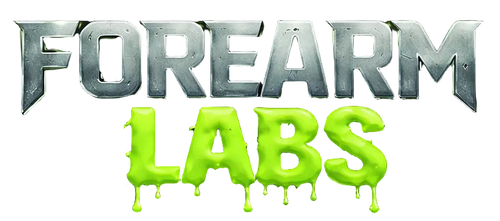 Logo of Forearm Labs with metallic text and green dripping effect on a black background